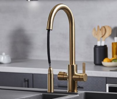 EVO PLATINUM/450 SERIES 4 IN 1 BRUSHED GOLD BOILING WATER MONO DUAL LEVER SWAN NECK PULL-OUT KITCHEN SINK MIXER TAP with SWIVEL SPOUT, BWT455BG EVO PLATINUM/450 SERIES 4 IN 1 BRUSHED GOLD BOILING WATER MONO DUAL LEVER SWAN NECK PULL-OUT KITCHEN SINK MIXER TAP with SWIVEL SPOUT, BWT455BG